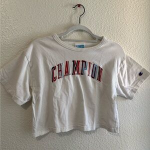Champion White Cropped T-Shirt with Red and Blue Logo
